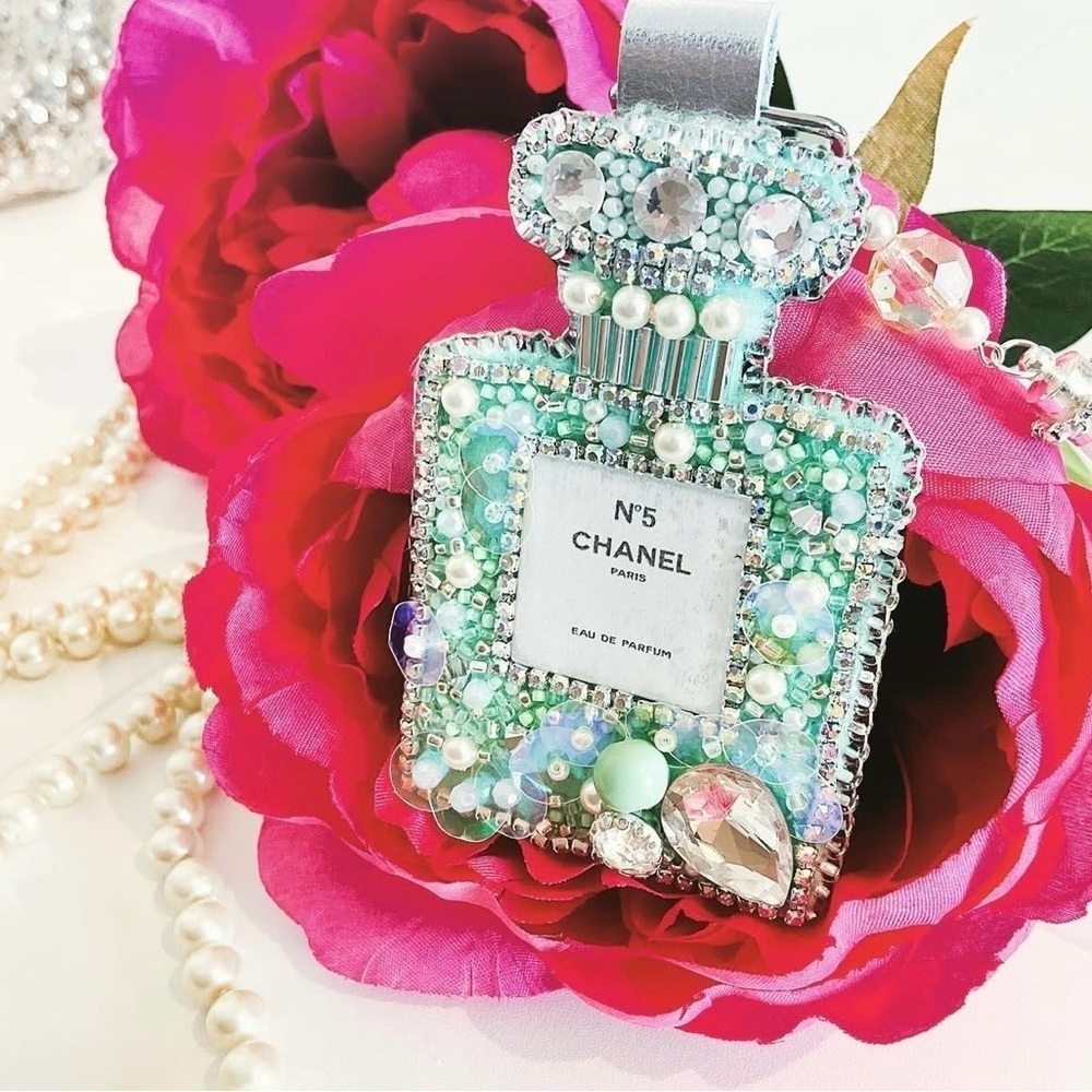 Chanel N°5 Perfume Bottle Bag Charm/ Key Ring - Handmade Embroidery Turquoise